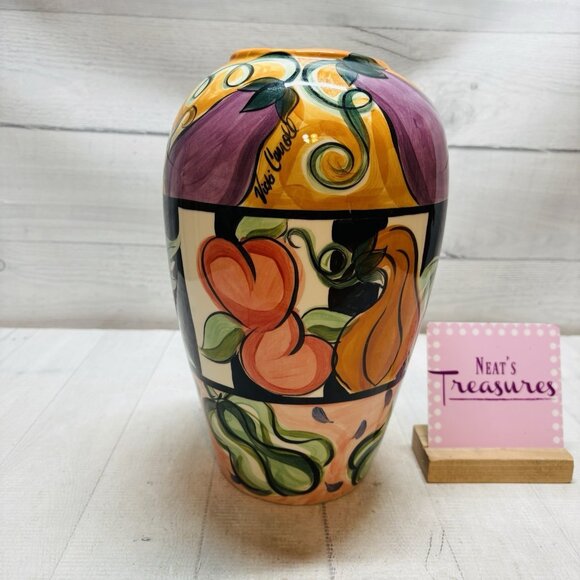 Vicki Carroll Pottery BON APPETIT Vegetables Handpainted Signed Large 12" Vase - Picture 1 of 16